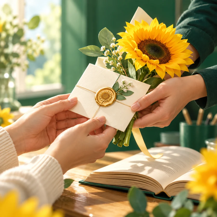 Trao thiệp và hoa hướng dương để gửi lời tri ân